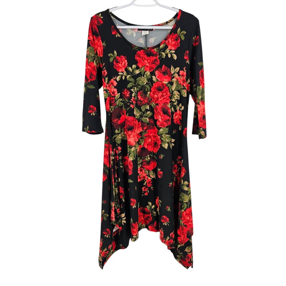 Vintage Y2k Dress Red Black 3/4 Sleeve Asymmetric Stretch Flowy Midi Size 1X